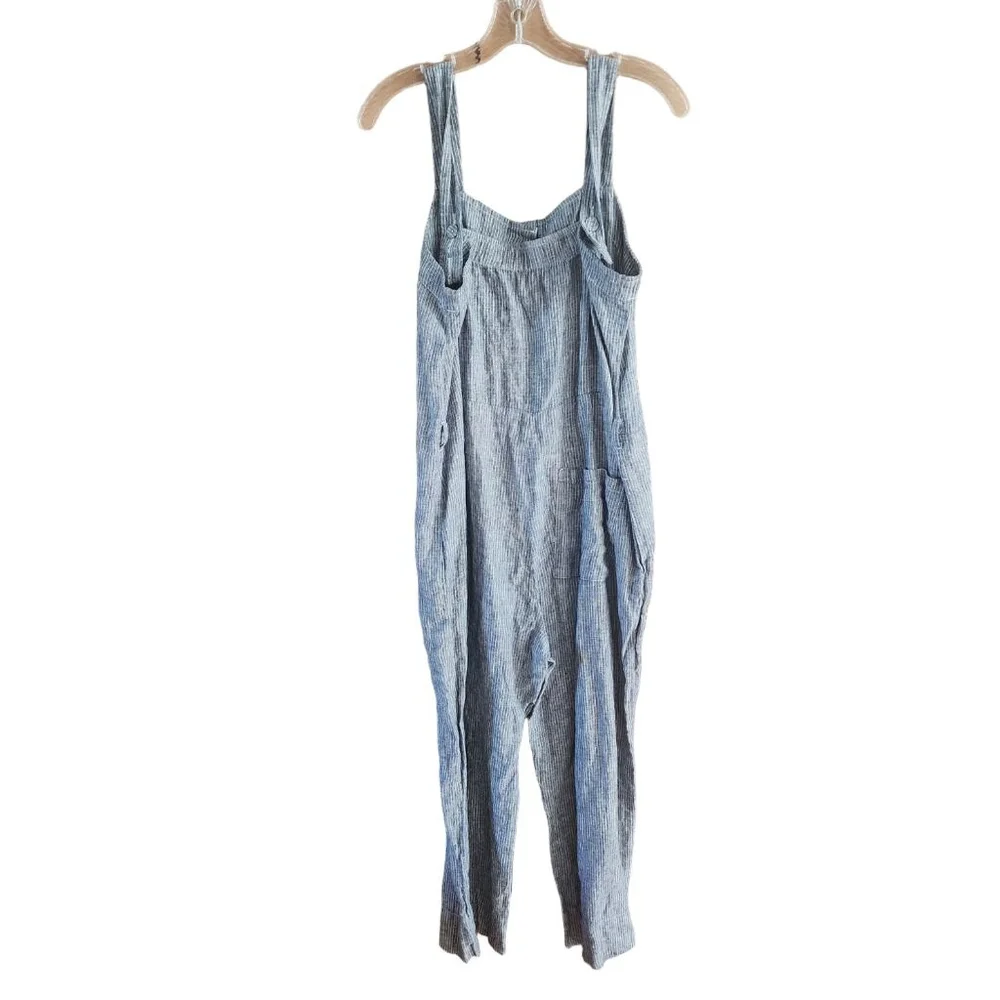 EVERLANE Button-Front Linen Striped Jumpsuit Size 8 Blue and White